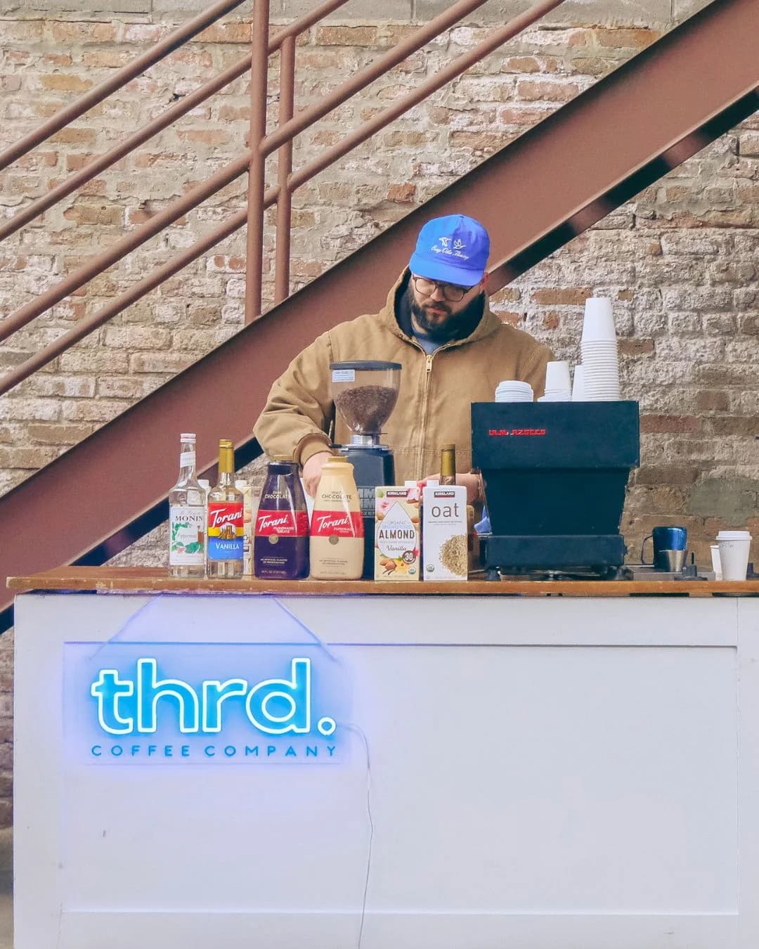 Thrd mobile coffee catering company barista with espresso machine